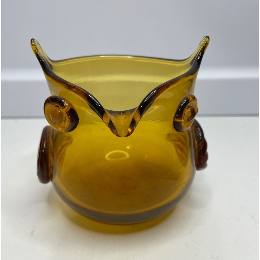 Vintage MCM Art Glass Hand Blown Amber Owl Vase Votive Blenko Style Retro